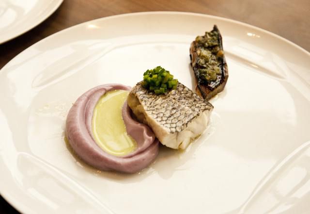 Black sea bass with purple potato butter, poblano peppers and Japanese eggplant with toasted garlic and herb condiment from Nougatine